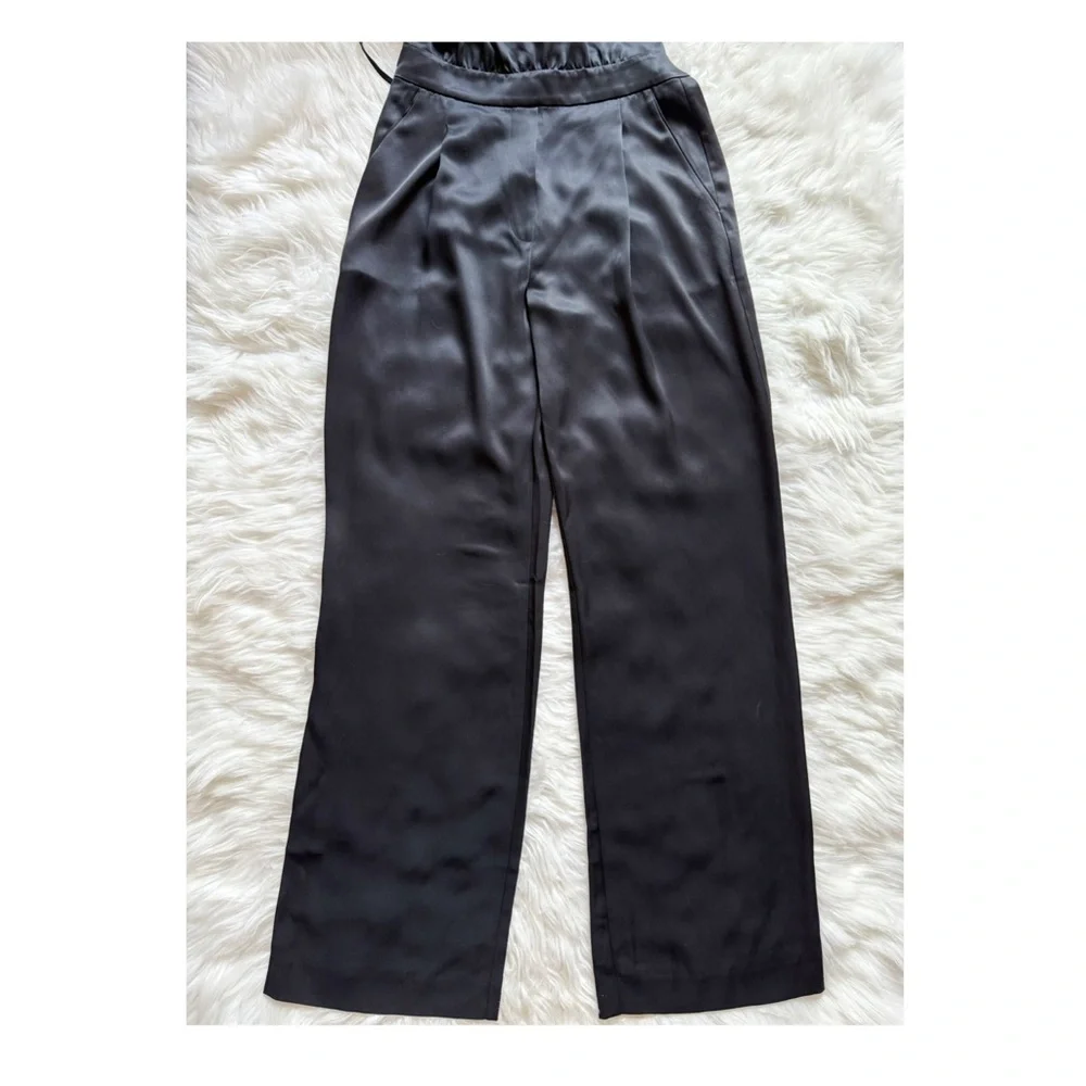 New! REISS Malia Cowl Neck Open Back Satin Jumpsuit In Black - Picture 8 of 11